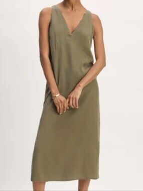 EVERLANE Sleeveless Tencel Midi Slip Dress V Neck In Kalamata Olive